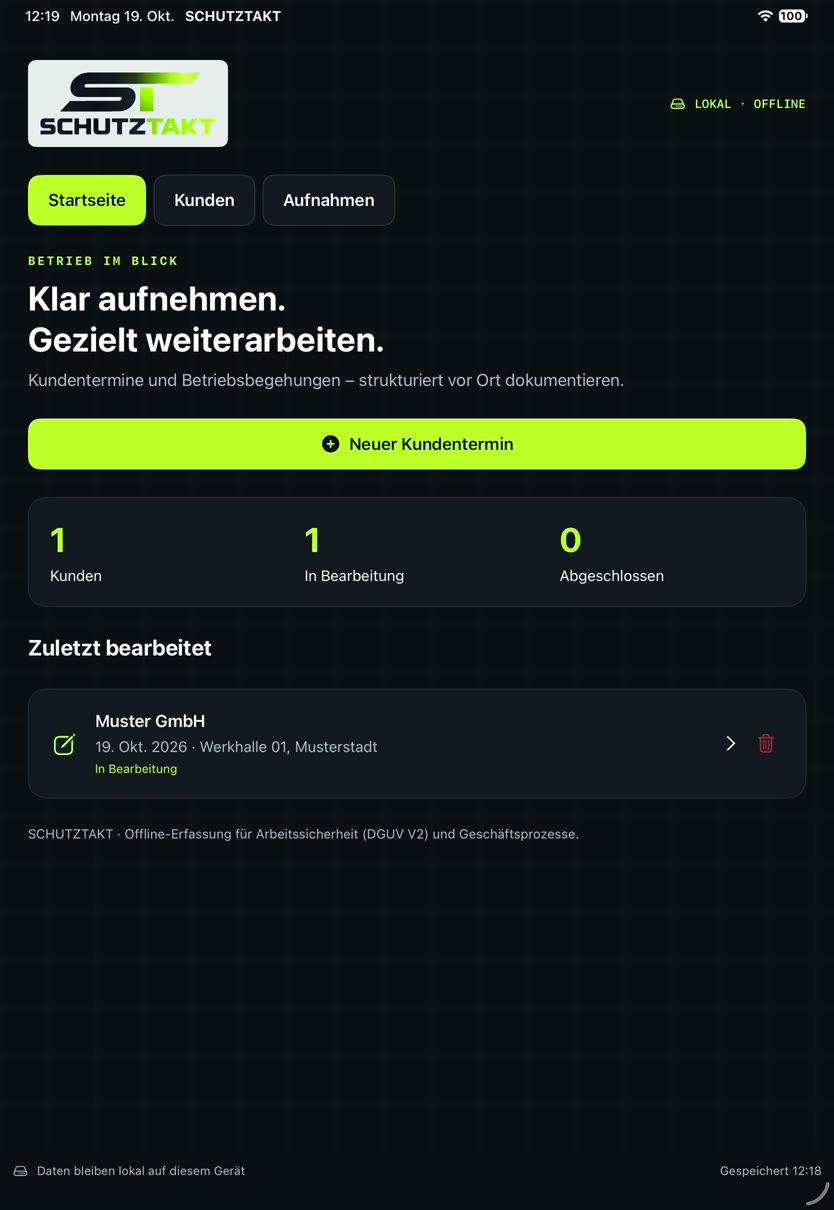 App: Startseite mit einem Kunden in Bearbeitung