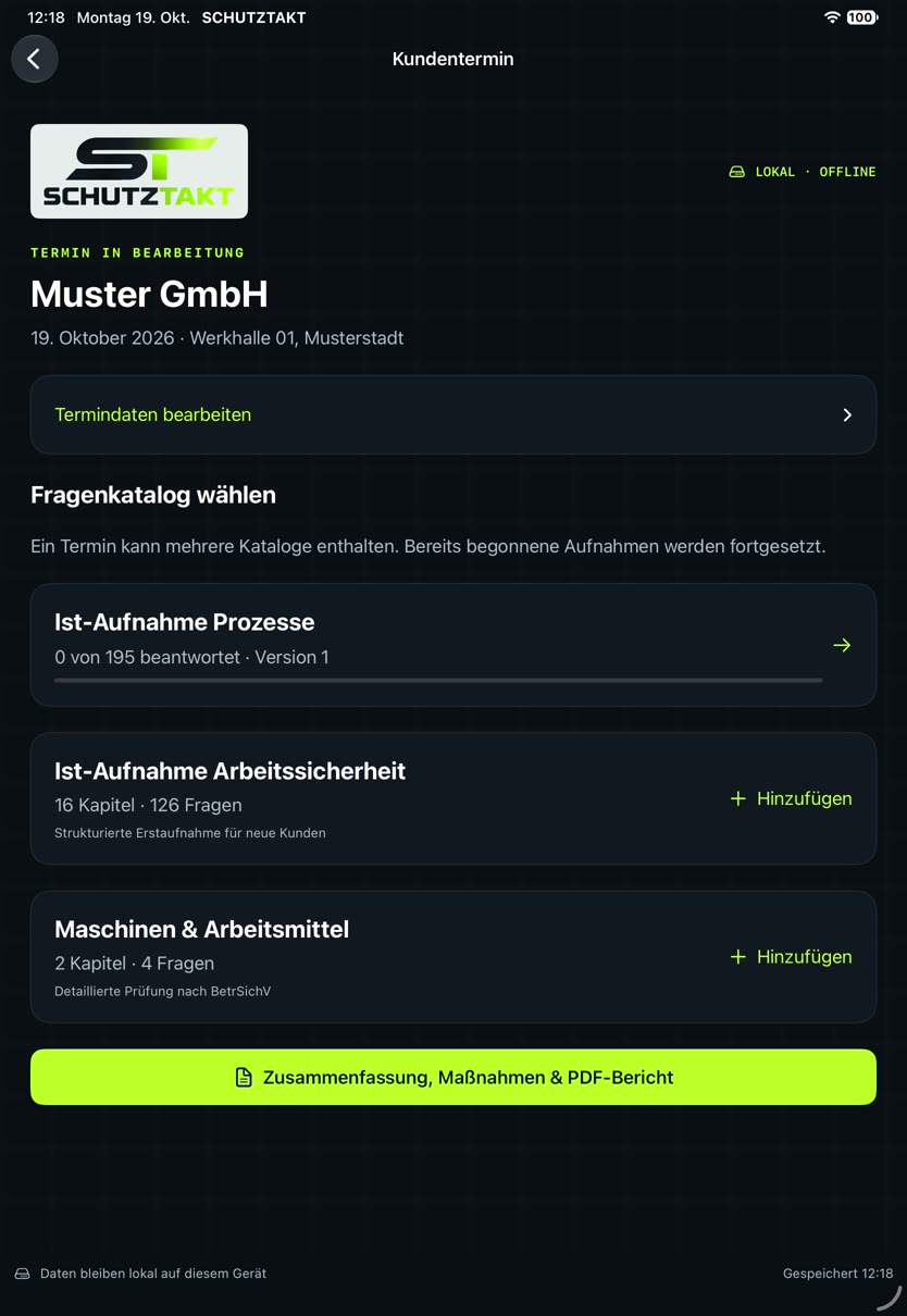App: Kundentermin der Muster GmbH mit Fragenkatalogen