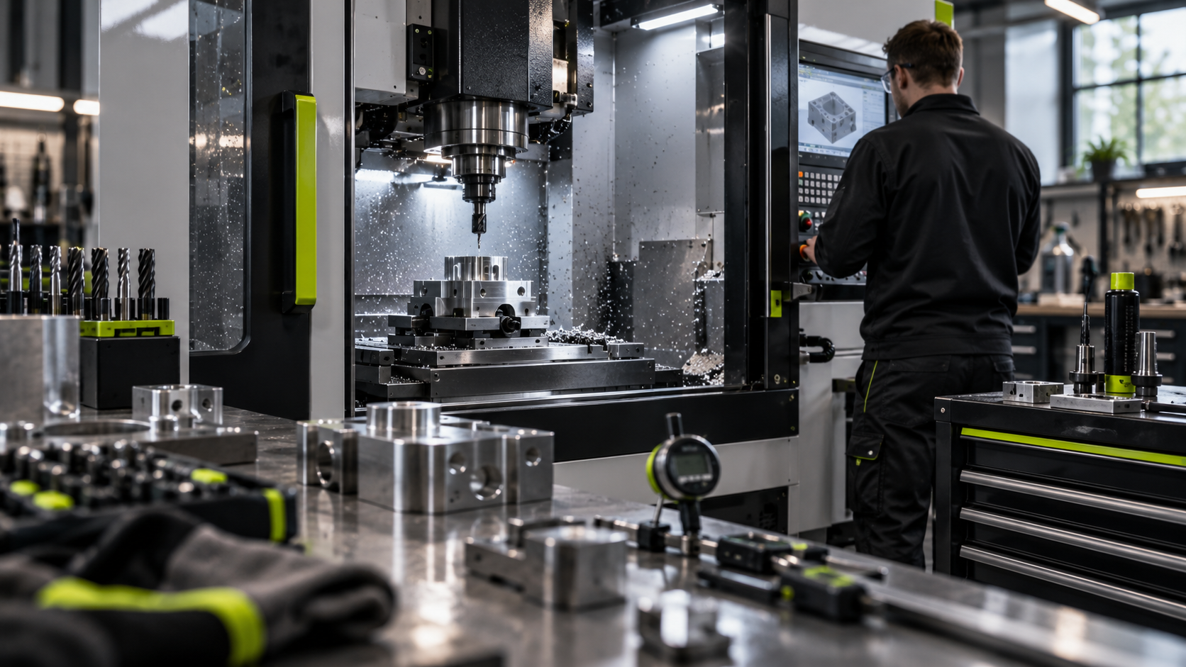 CNC-Arbeitsplatz im Werkzeugbau mit Fräsmaschine, Werkstücken und einem Mitarbeiter an der Steuerung.