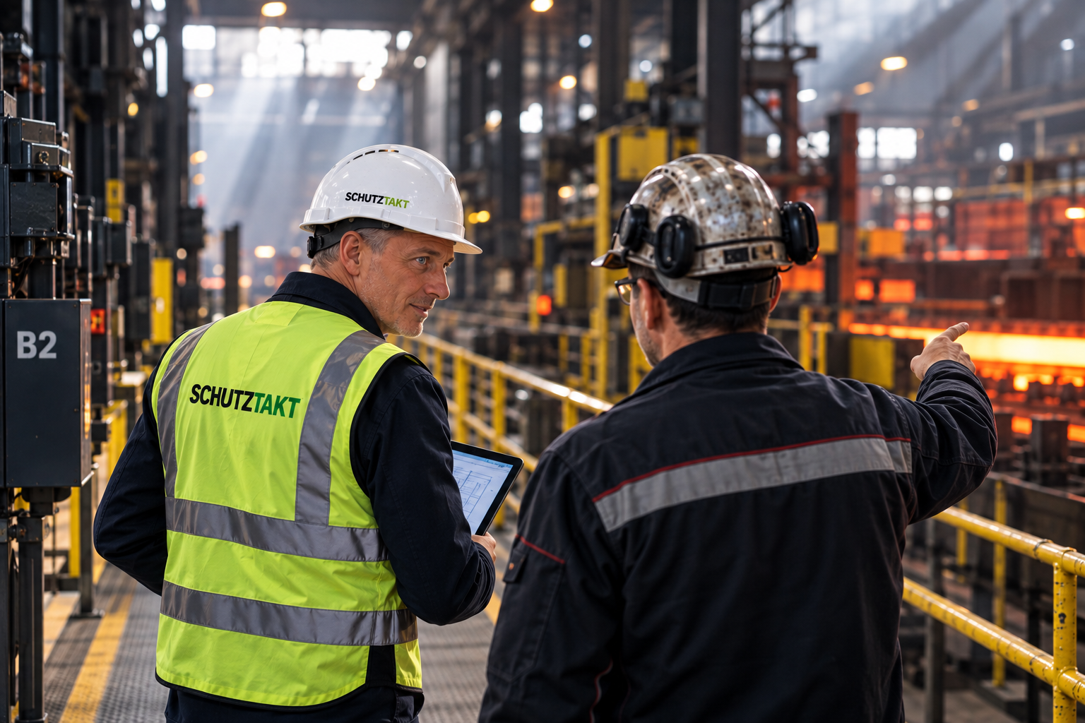 Betriebsbegehung: Zwei Personen mit Helm betrachten gemeinsam Arbeitsbereiche in einer Produktionshalle.