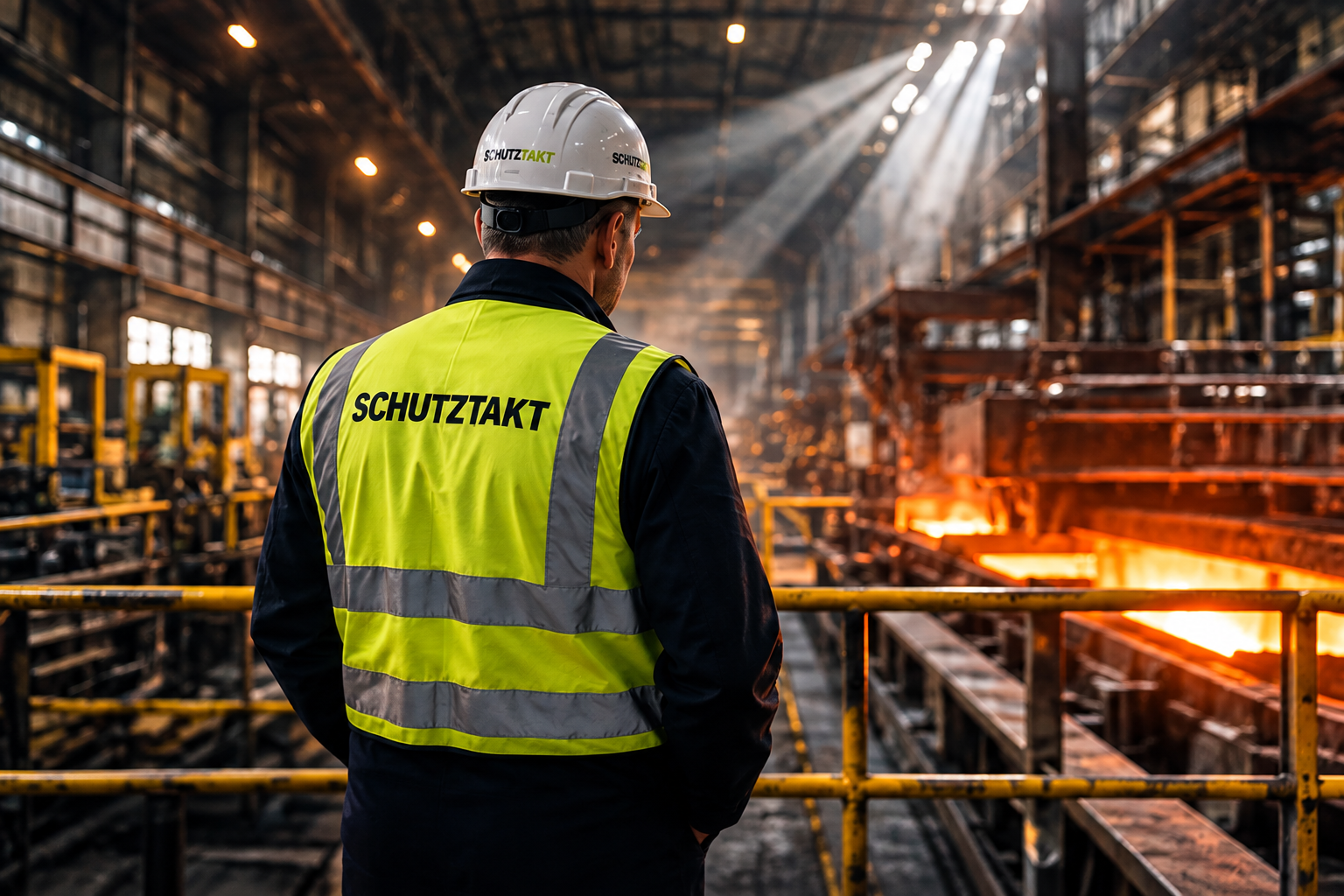 Blick über die Produktionsanlage: SCHUTZTAKT-Mitarbeiter mit Helm und Warnweste in einer Industriehalle.