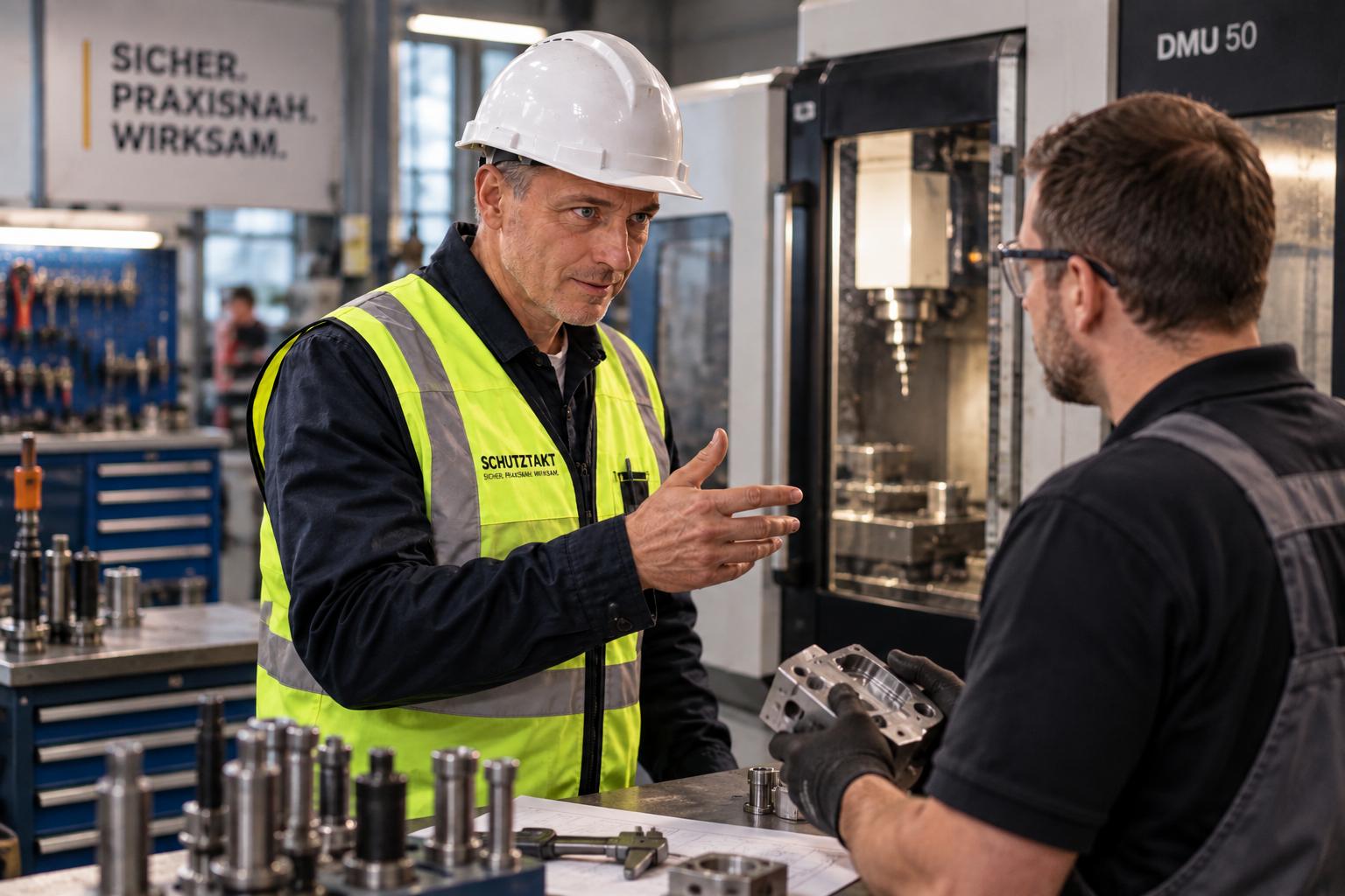 SCHUTZTAKT-Mitarbeiter im Gespräch mit einem Beschäftigten in der Produktionshalle.