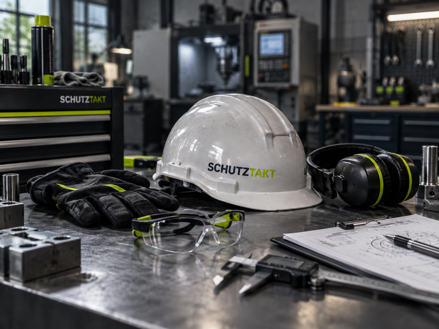 Schutzhelm, Handschuhe, Schutzbrille und Gehörschutz auf einer Werkbank im metallverarbeitenden Betrieb.