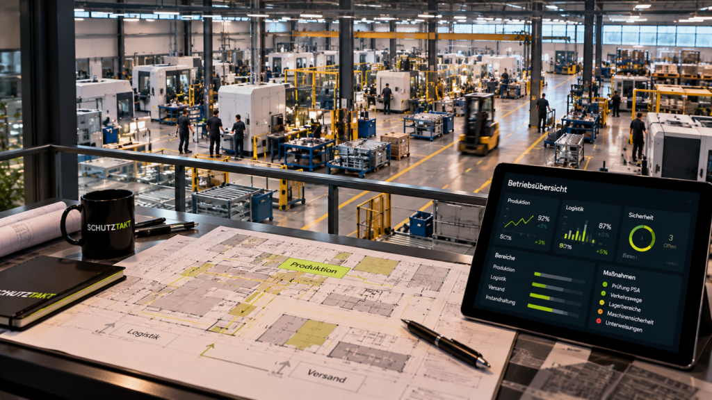 Blick über eine Produktionshalle, im Vordergrund ein Hallenplan und ein Tablet mit Betriebsübersicht.