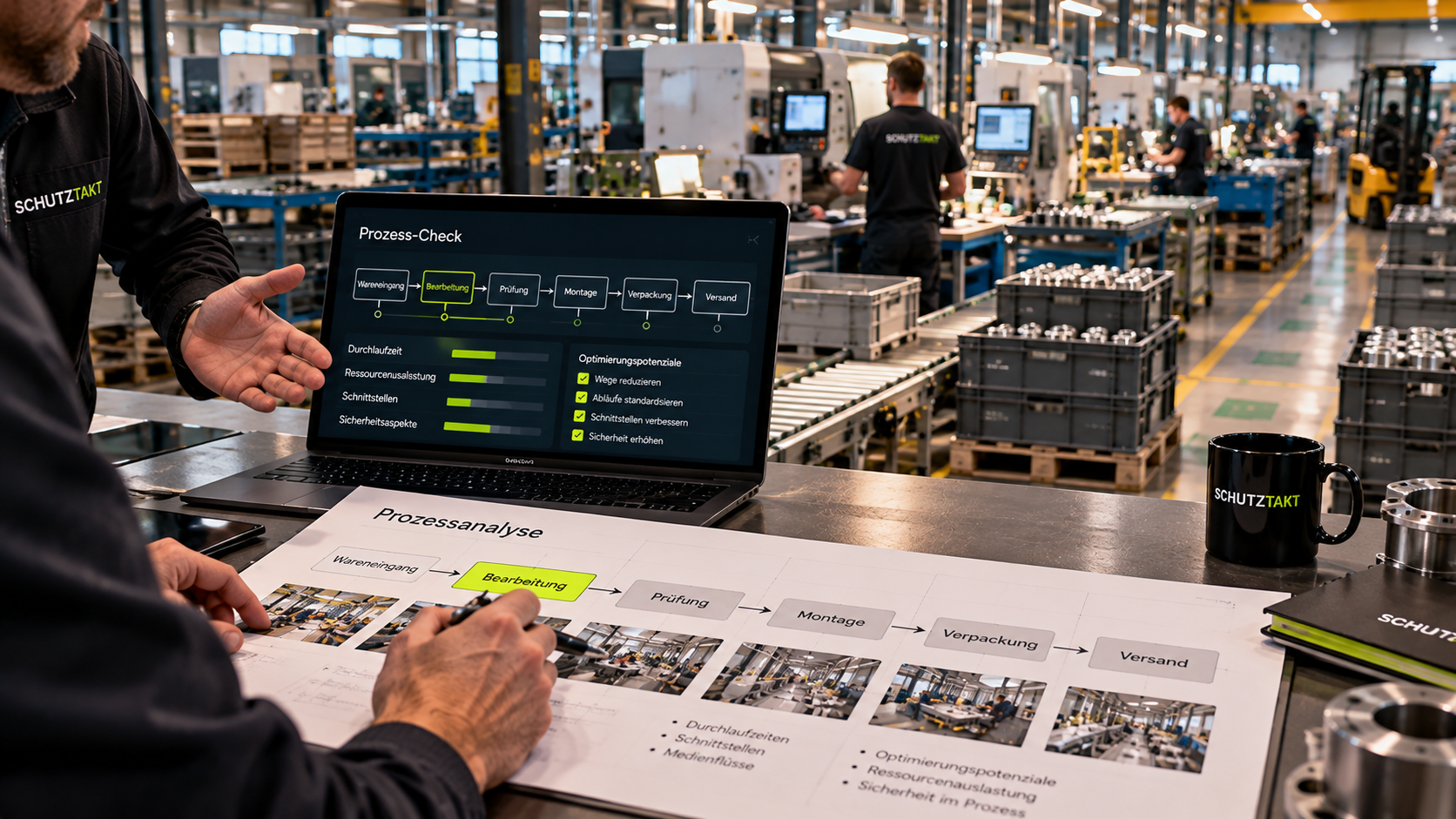 Panorama einer Produktionshalle mit SCHUTZTAKT-Mitarbeiter und dem Schriftzug Sichere Prozesse – Starke Betriebe.