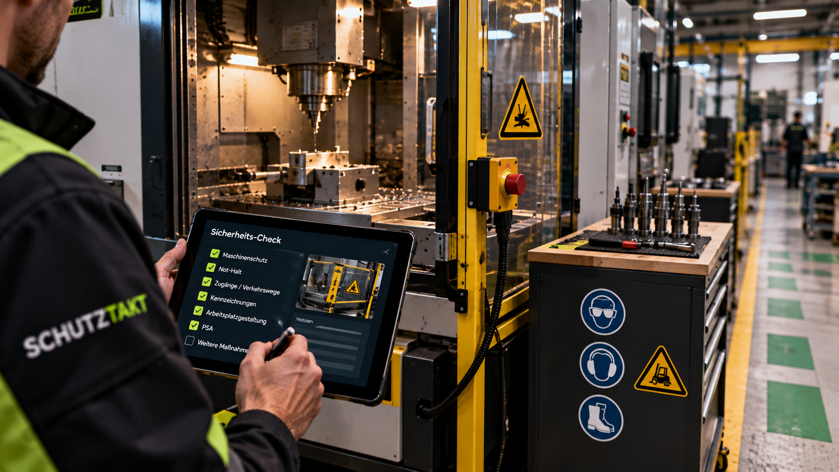CNC-Arbeitsplatz im Werkzeugbau mit Fräsmaschine, Werkstücken und einem Mitarbeiter an der Steuerung.