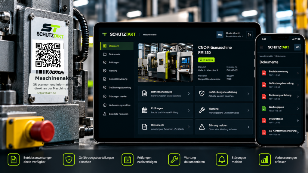 Digitale Maschinenakte mit QR-Code, Tablet und Smartphone
